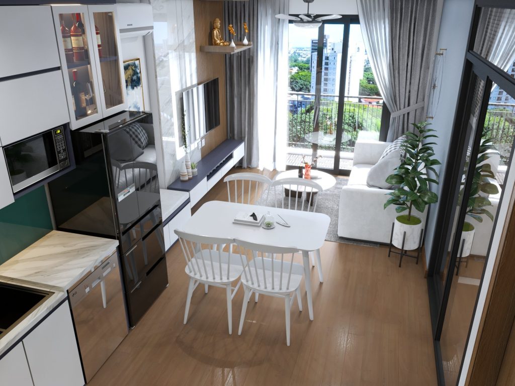 Thiết kế nội thất phòng bếp căn hộ chung cư liên thông phòng khách thoáng đãng