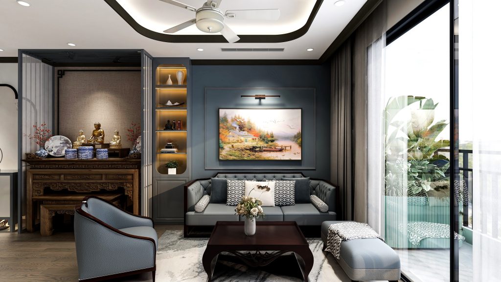 Thiết kế nội thất phòng khách cho căn hộ 90m2 Indochine