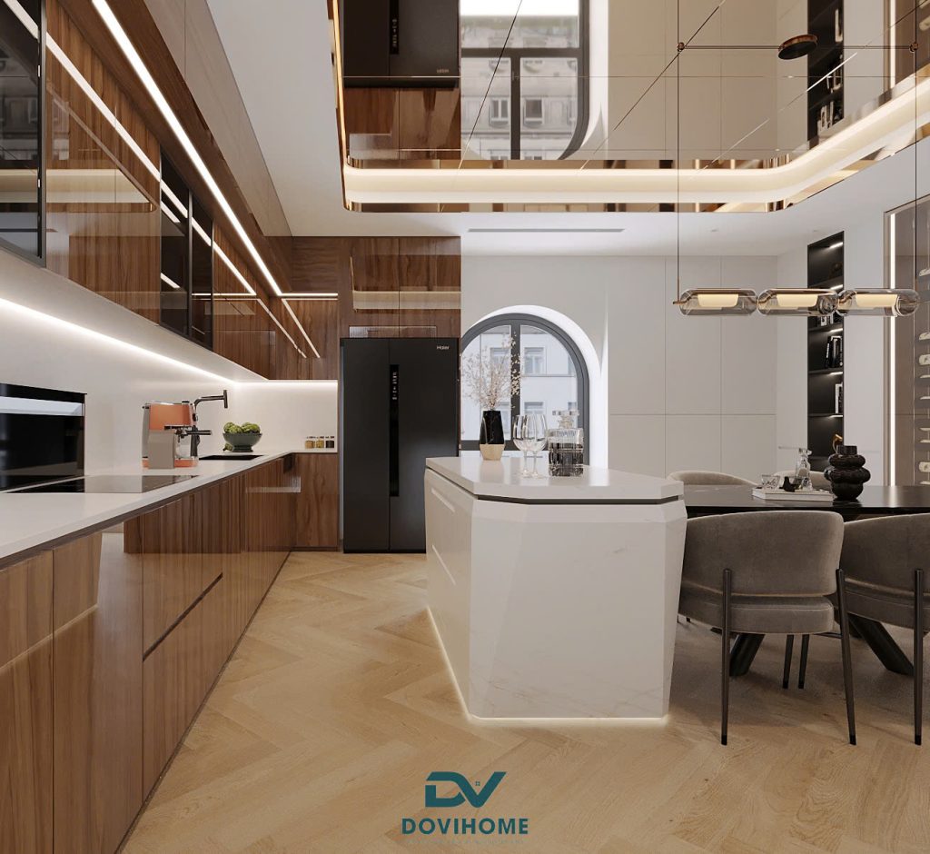 Thiết kế nội thất phòng bếp hiện đại, sang trọng màu gỗ 