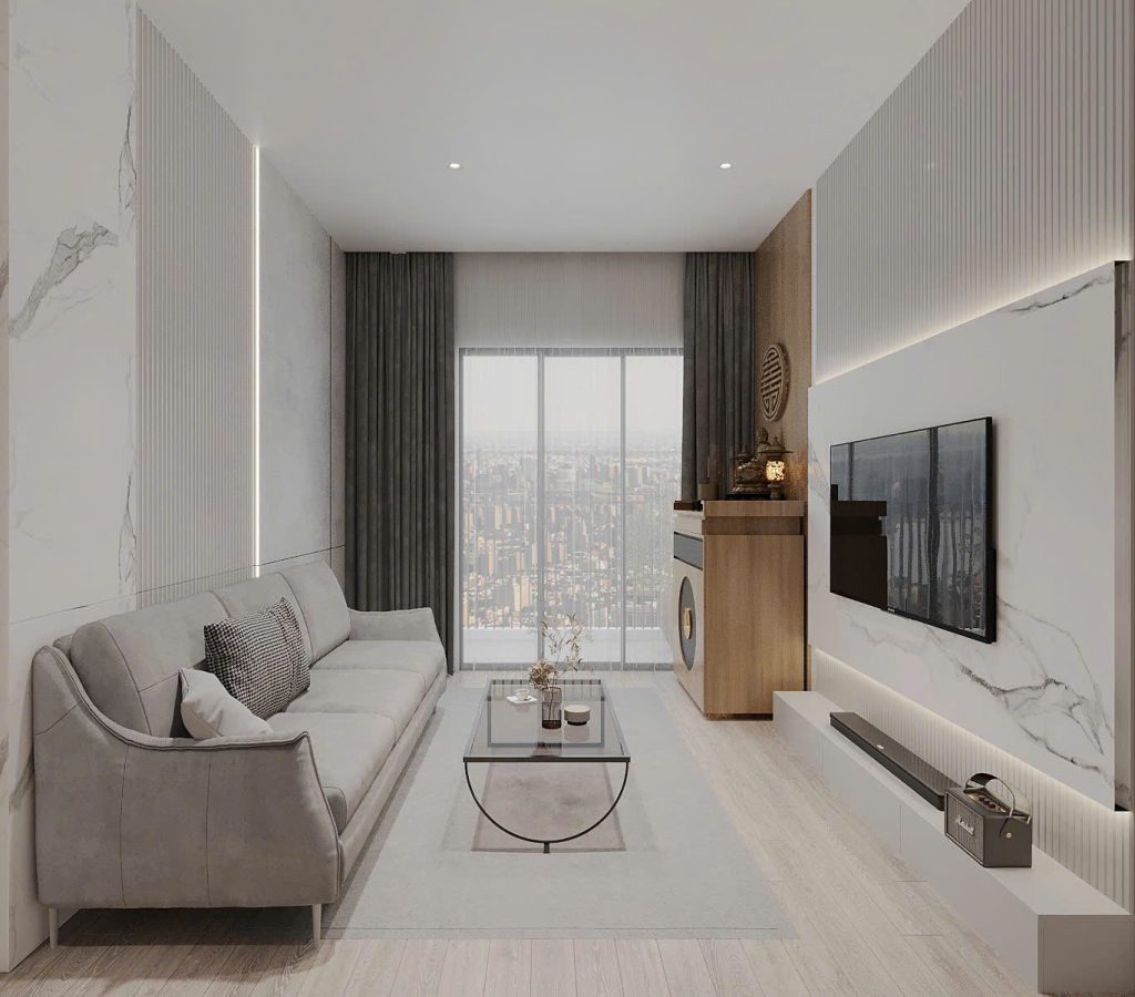 Thiết kế nội thất phòng khách hiện đại cho căn hộ 55m2