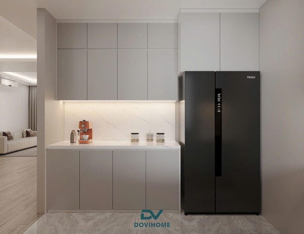 Thiết kế nội thất khu bếp riêng biệt màu trắng xám