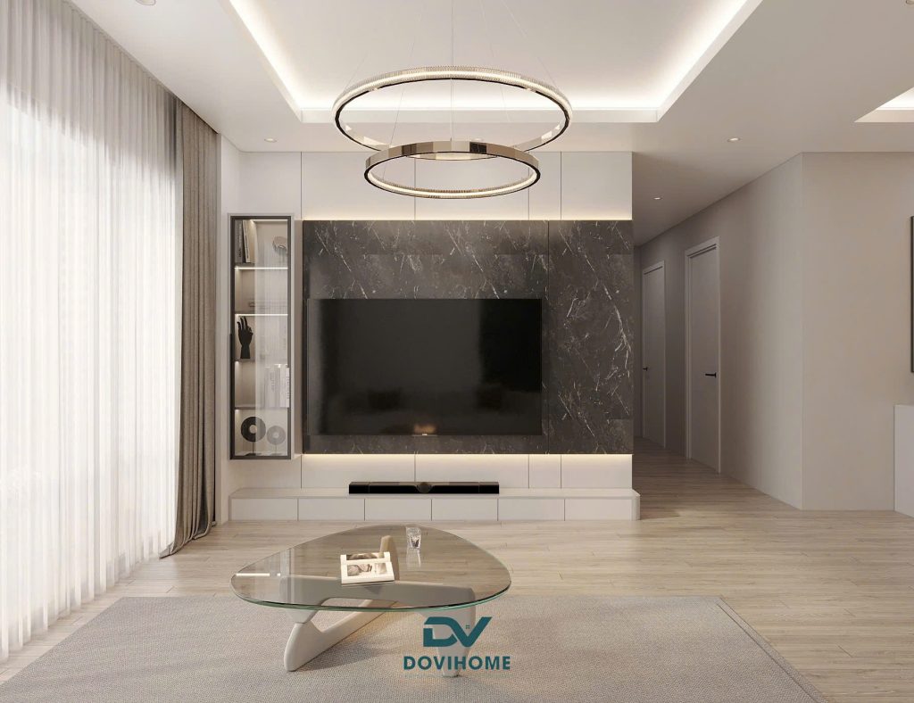 Thiết kế nội thất phòng khách tông màu trắng, sáng , sang trọng