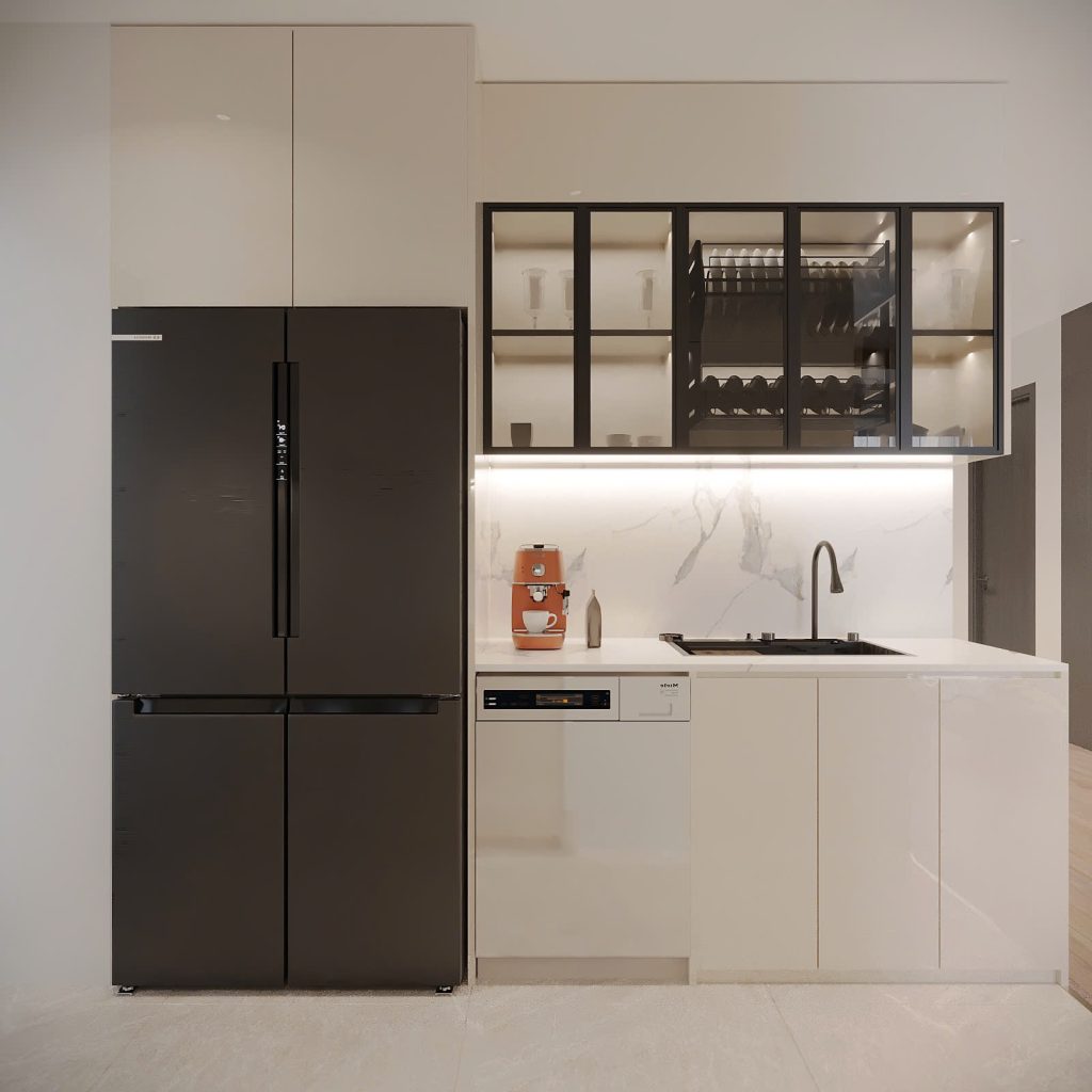 Thiết kế nội thất phòng bếp hiện đại cho không gian căn hộ 75m2