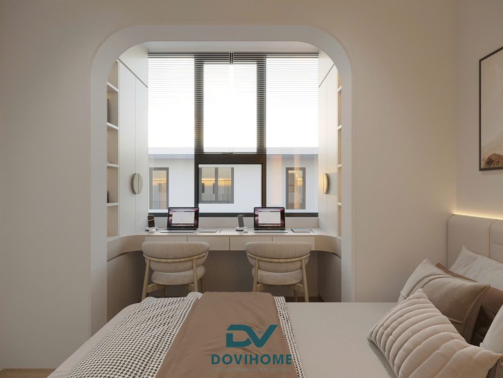 Thiết kế nội thất phòng ngủ kết hợp với bàn học