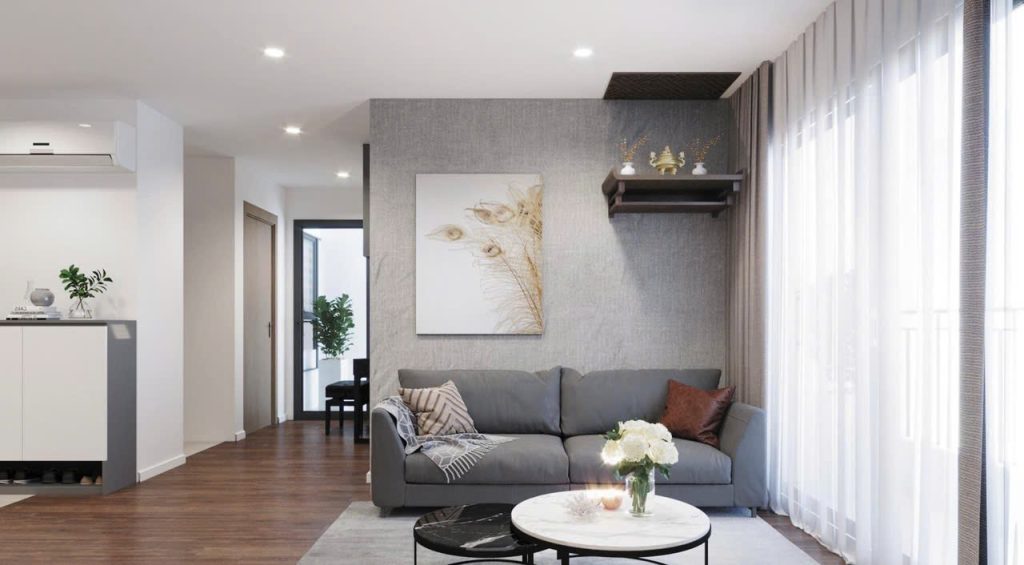 Thiết kế nội thất phòng khách hiện đại 2PN + 1