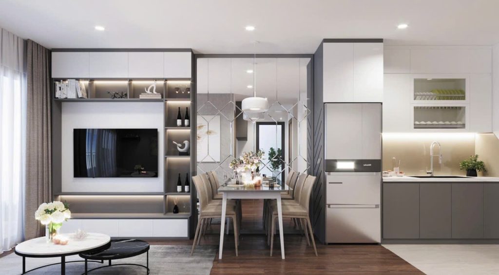 Thiết kế nội thất phòng khách thông phòng bếp hiện đại 2PN + 1