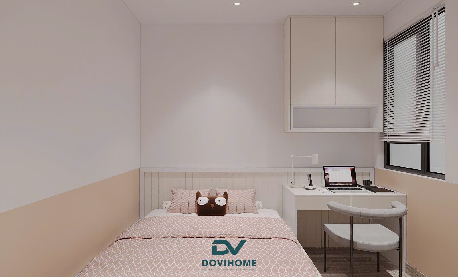 Thiết kế nội thất phòng ngủ nhỏ cho bé kết hợp bàn học tone hồng