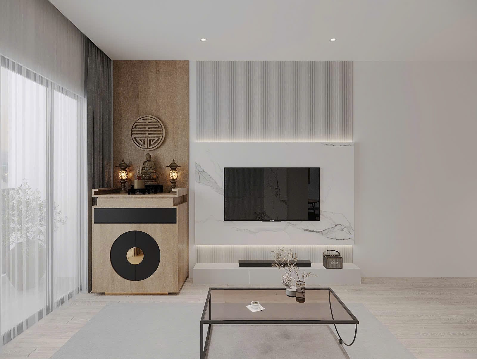 Thiết kế nội thất phòng khách phần vách ti vi cho căn hộ 2PN