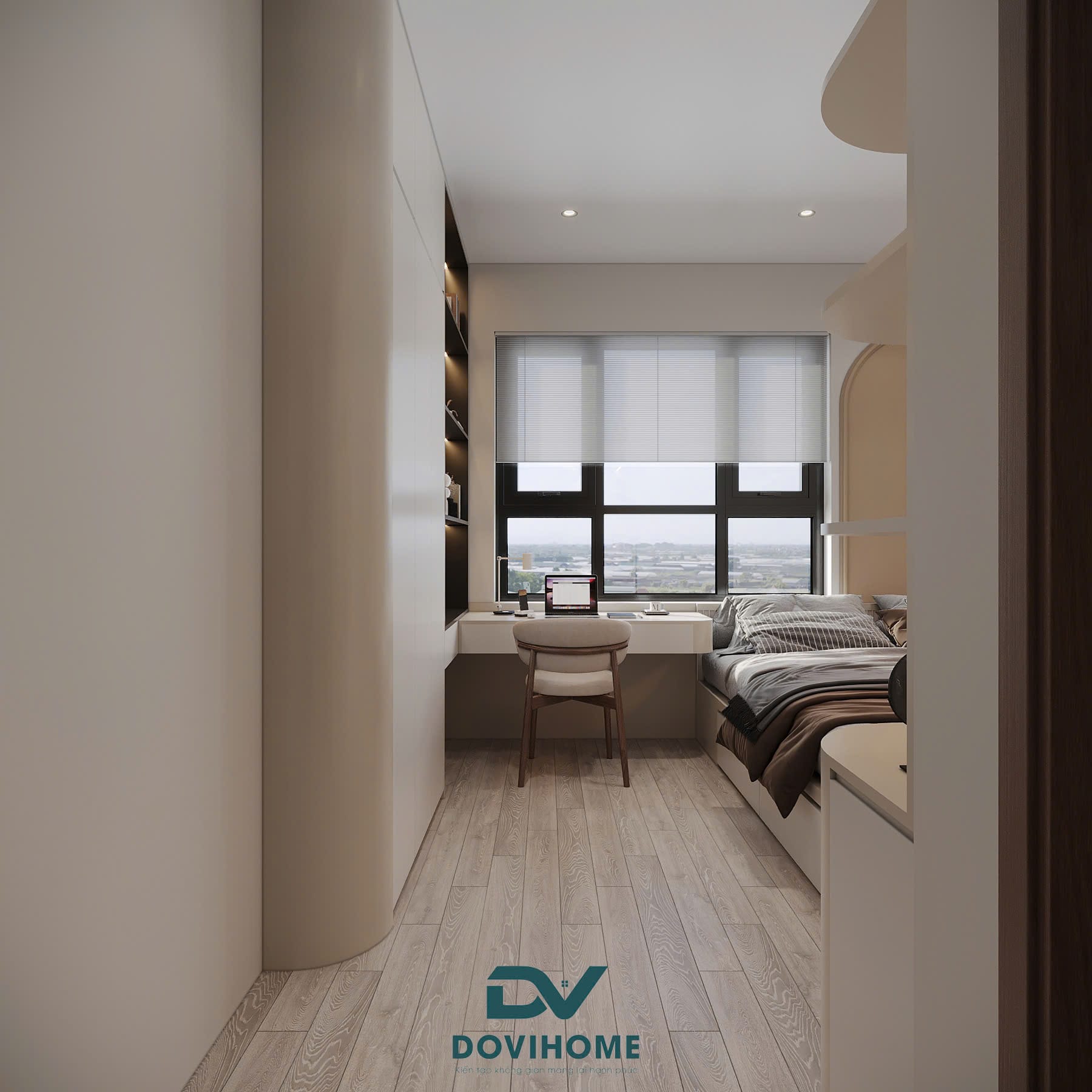 Thiết kế nội thất kết hợp bàn làm việc cho phòng ngủ căn hộ 80m2