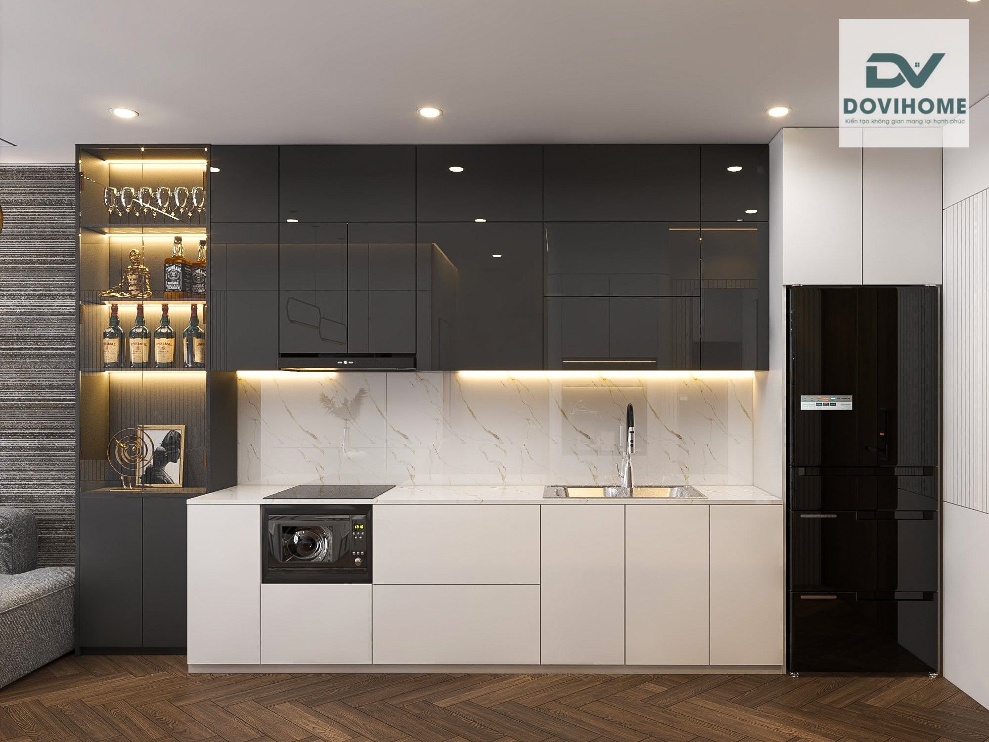 Thiết kế nội thất phòng bếp sang trọng màu trắng xám
