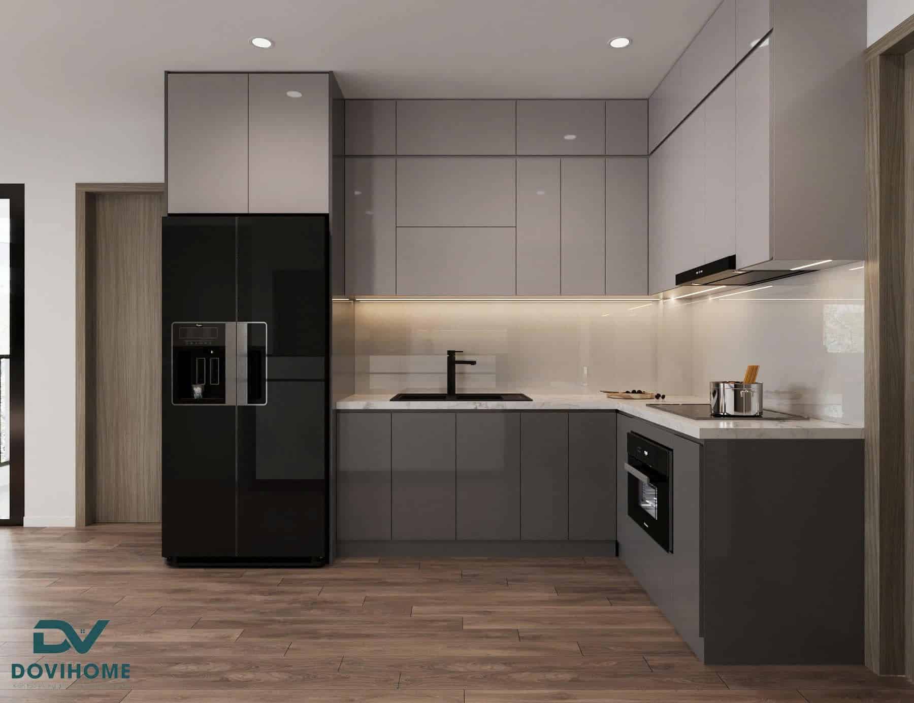 Thiết kế phòng bếp phong cách hiện đại tone ghi xám