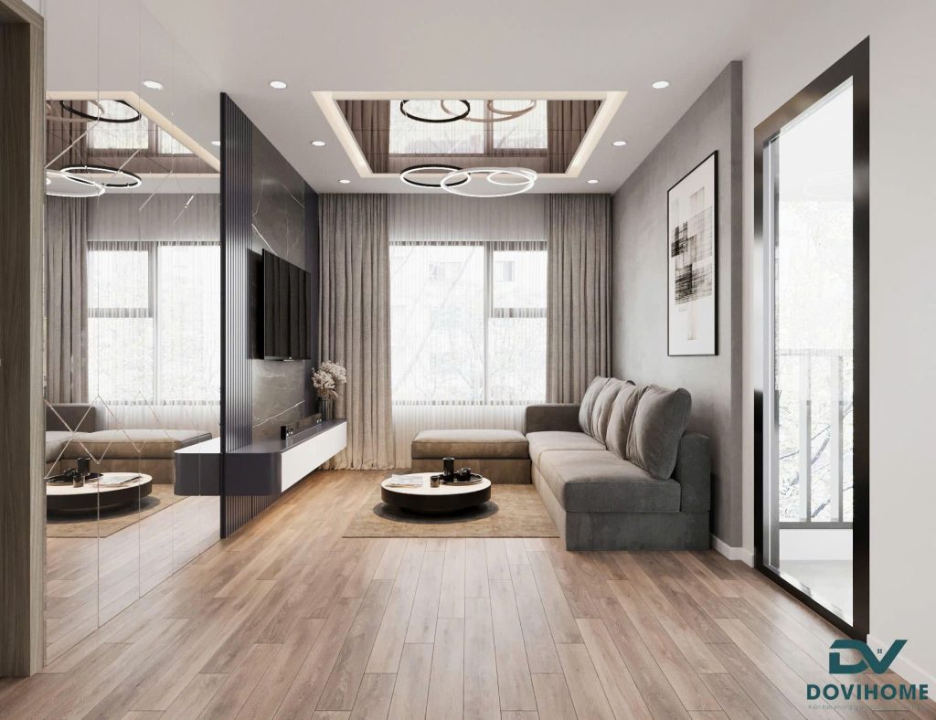 Thiết kế nội thất phòng khách hiện đại màu xám ghi