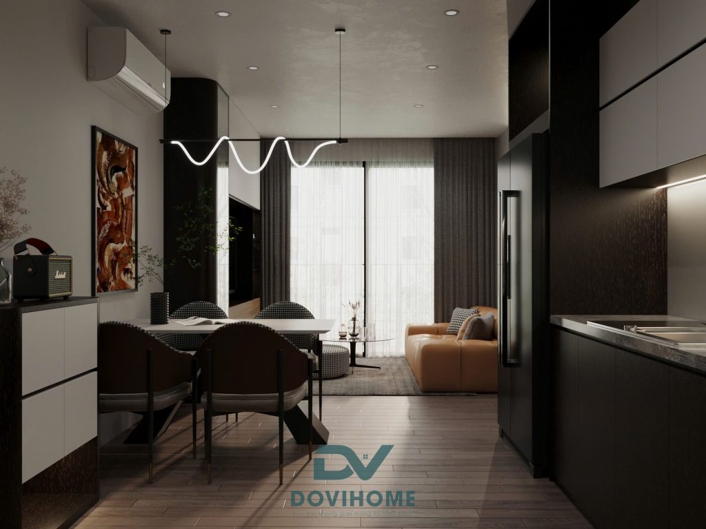 Thiết kế nội thất chung cư phòng khách bếp liên thông căn hộ 3PN