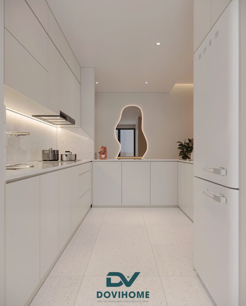 Thiết kế nội thất phòng bếp hiện đại + Farmhouse tông màu trắng