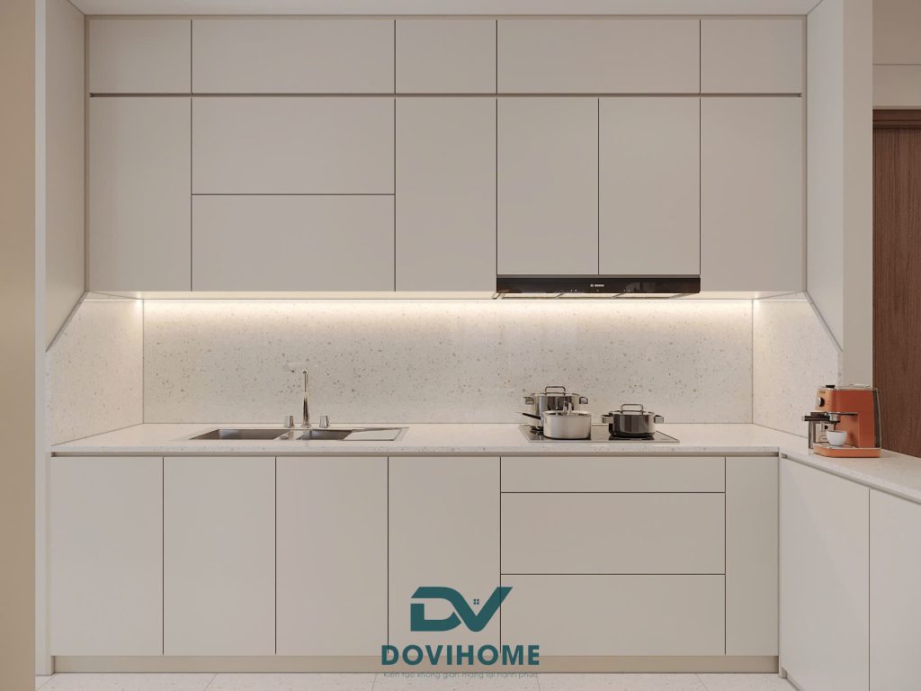 Thiết kế nội thất phòng bếp hiện đại + Farmhouse tông màu trắng