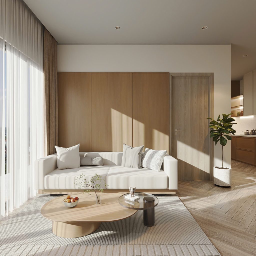 Bản 3D thiết kế phòng phong cách Japandi 12m2