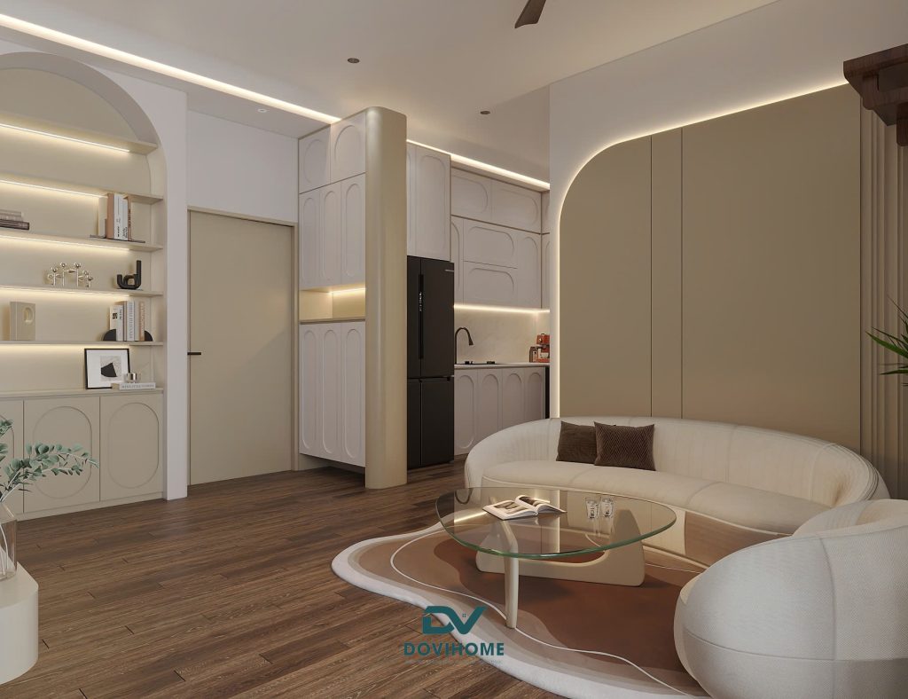 Phòng khách 12m2 theo tông be trắng