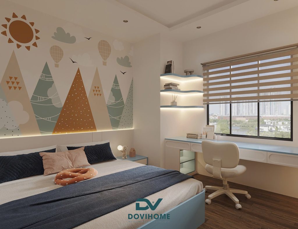 Thiết kế nội thất cho phòng ngủ bé trai 12m2 tone xanh dương