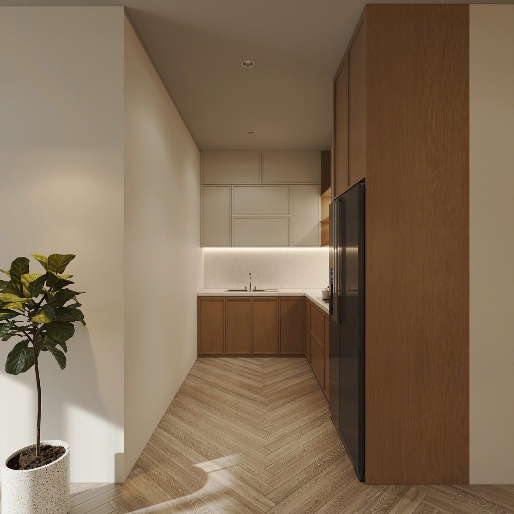 Không gian bếp tinh gọn, sạch sẽ 