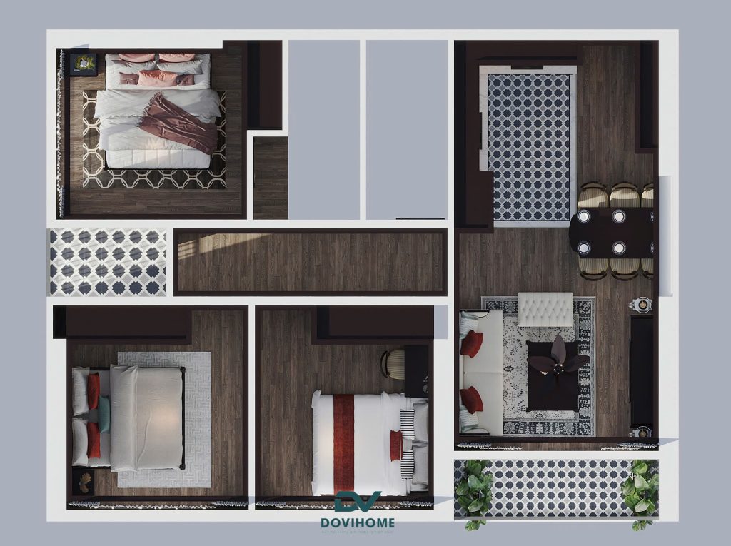 Mặt bằng 3D công năng căn hộ GS6 trục 09 Indochine