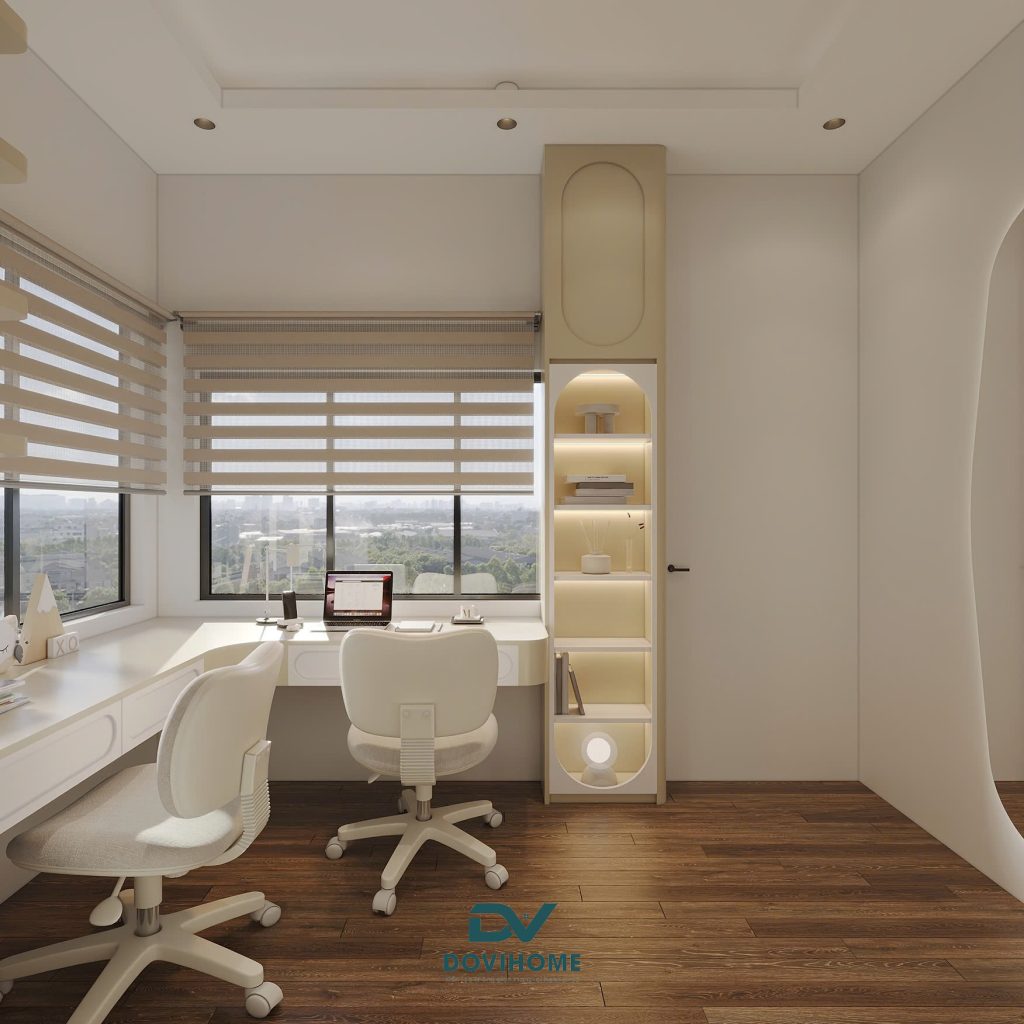 Khu vực bàn học tận dụng hoàn toàn được anh sáng tự nhiên