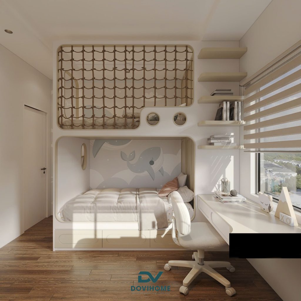 Thiết kế giường tầng riêng tư, tiện lợi cho 2 bé